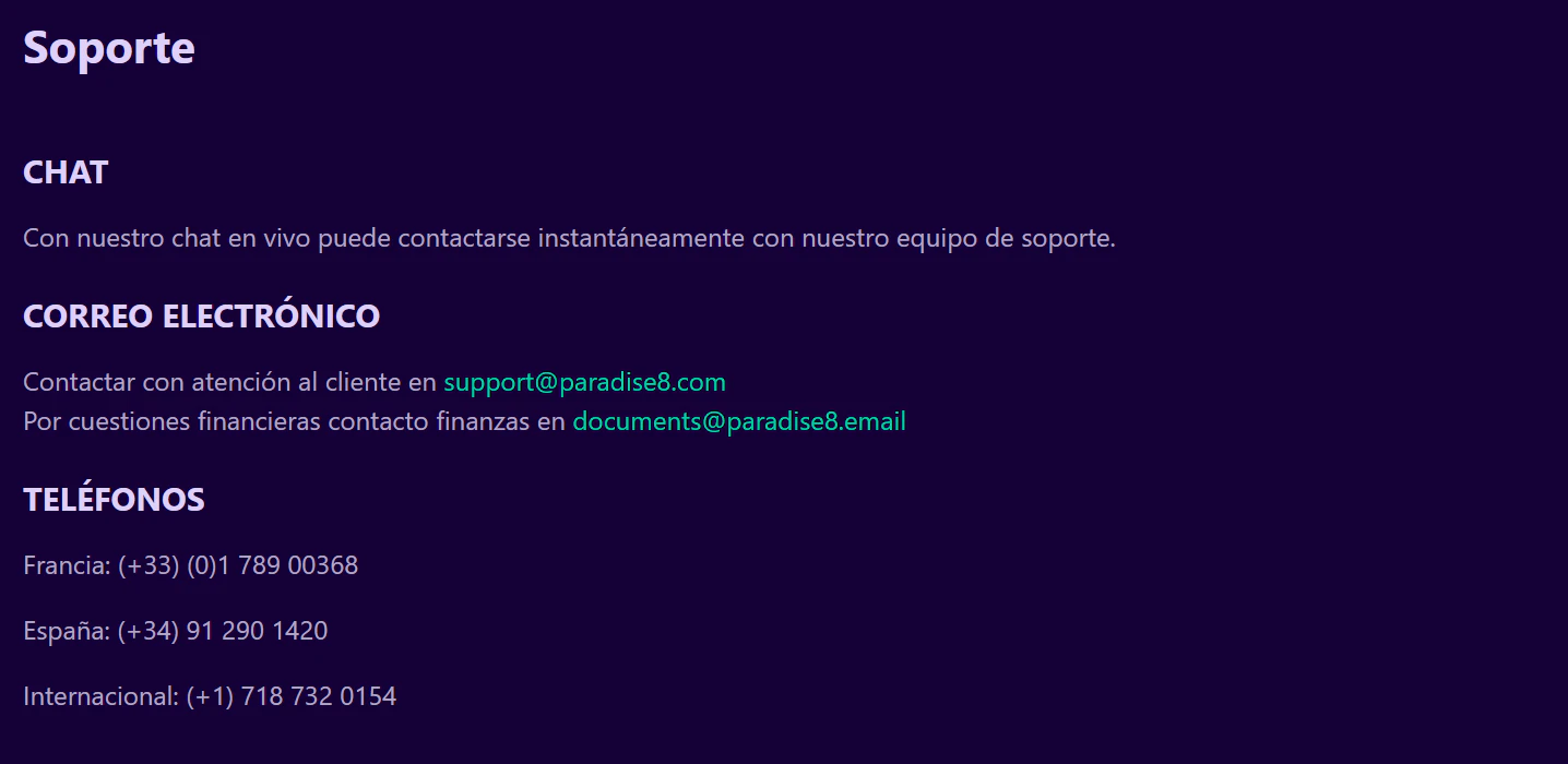 Paradise8 Casino: atención al cliente
